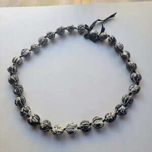 Black White Speckled Bead Necklace Chunky Statement Strand Adjustable Ribbon Tie